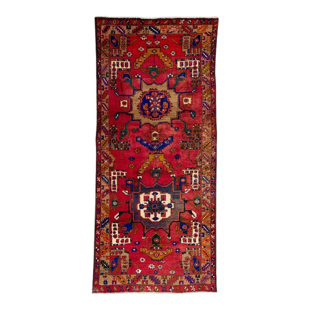 1960s Vintage Persian Heriz Red Handmade Medallion Wool Runner For Sale