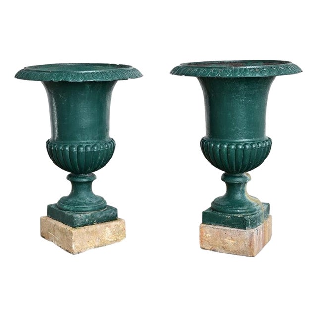 French 19th Century Pair of Cast Iron Urns on Stone Bases For Sale