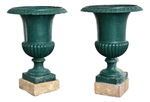French 19th Century Pair of Cast Iron Urns on Stone Bases