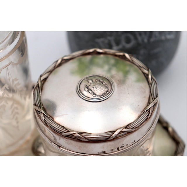 Toiletry Set with Silver Tray and Acid-Etched Glass Bottles with Silver Lids and Embossed Trim, Set of 3 For Sale - Image 3 of 6
