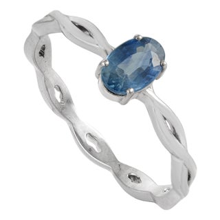 14k Gold Minimalist Oval Blue Sapphire Solitaire Ring With Twisted Band Size 8 For Sale