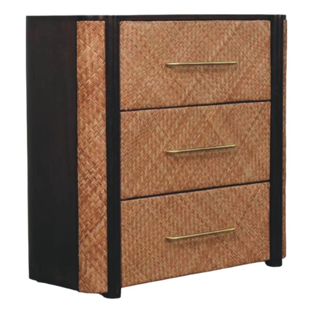 Mocha Mango Wood Rattan 3-Drawer Chest – Transitional Design For Sale