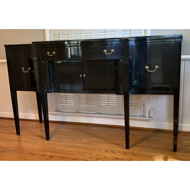 Ebonized Federal Sideboard Ebonized over Mahogany Two side cabinets, center double-door cabinet and center divided...