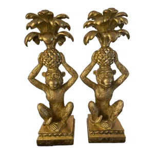Gold Monkeys Sitting With Pineapples Candle Holders - a Pair