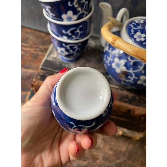 Blue Blue and White Cherry Blossom Tea Pot and 4 Cups For Sale - Image 8 of 10
