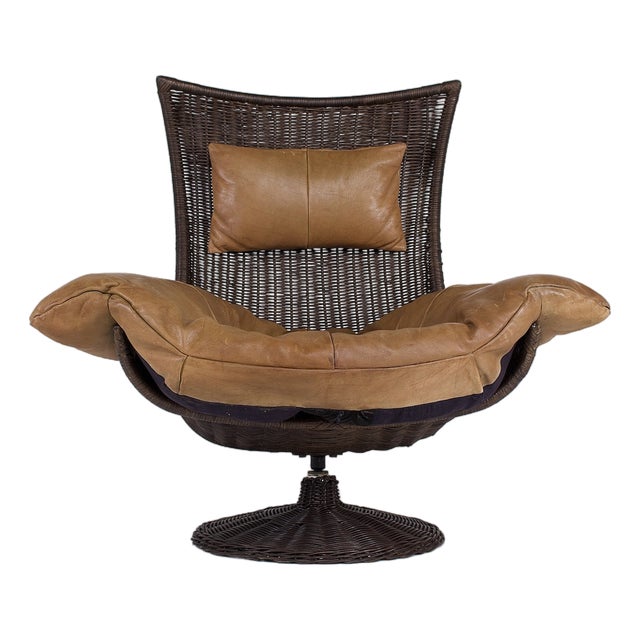 Swivel Armchair in Rattan and Leather from Gerard Van Den Berg, 1970s For Sale