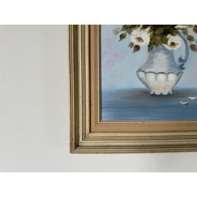 Vintage J. Melvin Still Life of White Roses in a Vase Oil Painting, Framed For Sale - Image 4 of 12