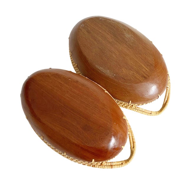 1970s Vintage 1970s Nesting Oblong Wood Mango Bowl With Rattan Trim - Set of 2 For Sale - Image 5 of 5