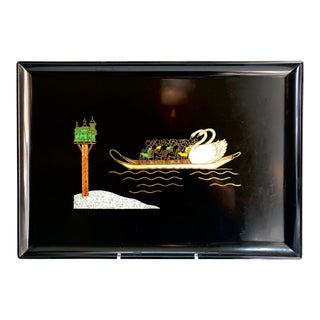1970s Black Lacquered Hand Inlaid Couroc Swan Boats of Boston Tray For Sale