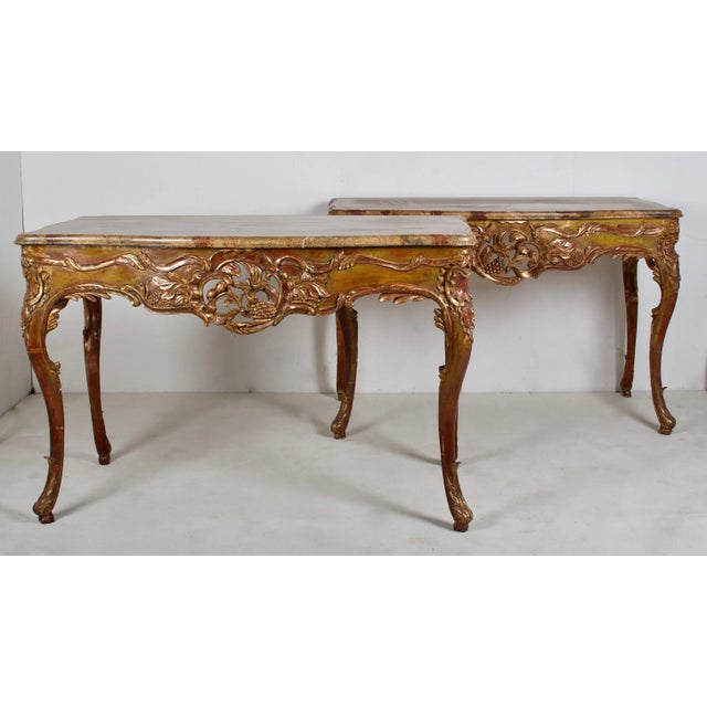 2000 - 2009 Pair of Painted and Gilded Consoles, Faux Marble Top, Haute Hollywood For Sale - Image 5 of 12