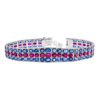 Natural Pink and Blue Sapphire Silver Tennis Bracelet For Sale