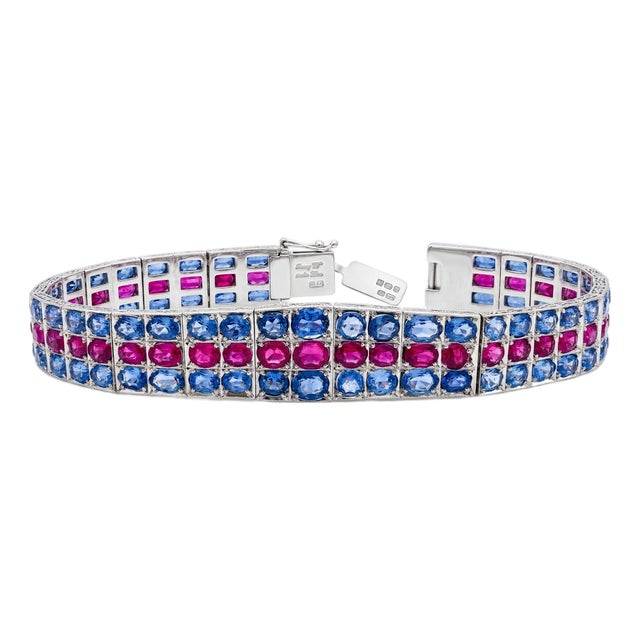 Natural Pink and Blue Sapphire Silver Tennis Bracelet For Sale