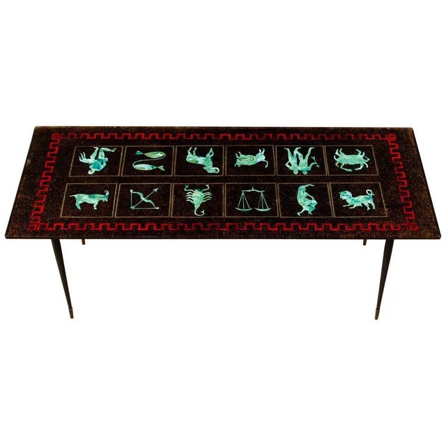 Rare Fontana Arte midcentury "verre églomisé" glass top reverse painted with a Zodiac motif. Resting on black metal and...