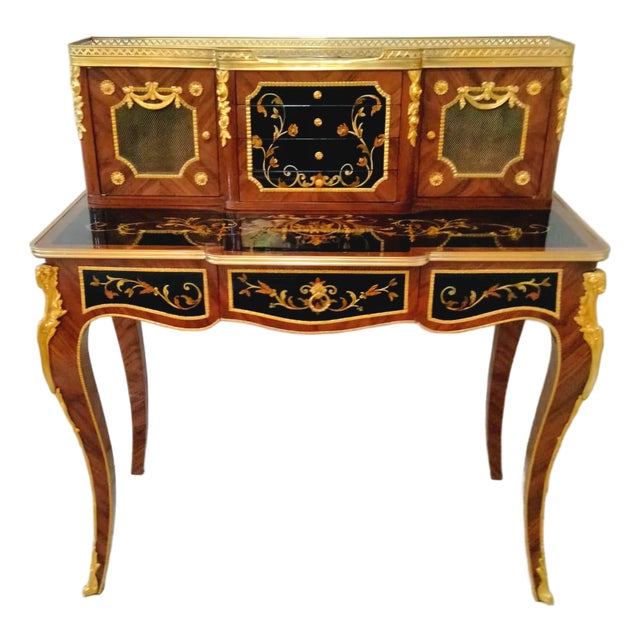 French Louis XV Style Writing Desk – Rich Wood Finish With Gold Leaf, Bronze Details & Multiple Storage Compartments For Sale