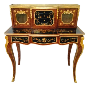 French Louis XV Style Writing Desk – Rich Wood Finish With Gold Leaf, Bronze Details & Multiple Storage Compartments