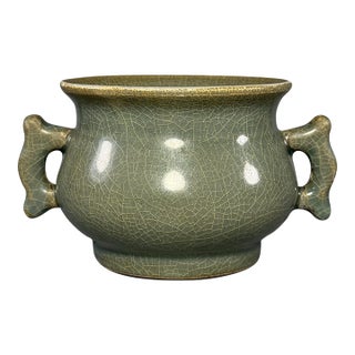 Antique Chinese Longquan Celadon Censer With Double Handles For Sale