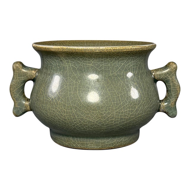 Antique Chinese Longquan Celadon Censer With Double Handles For Sale
