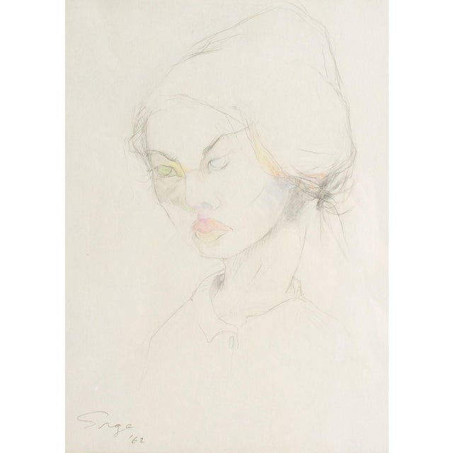 A 1962 mixed media portrait drawing by the Canadian artist Walter Sorge (1931-2021). This graphite and watercolor drawing...