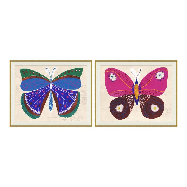 Blue & Pink Butterflies Art Print in Gold Frame by Paule Marrot - Set of 2 For Sale