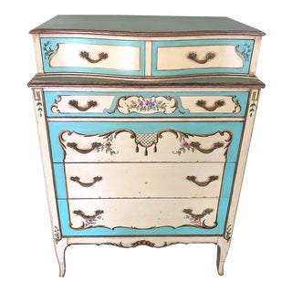 1920s Sligh Venetian Blue Painted Tall Chest of Drawers Dresser For Sale