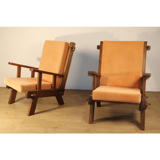 Brutalist Armchairs in Oak and Velvet, 1960s-1970s, Set of 2 For Sale - Image 6 of 18