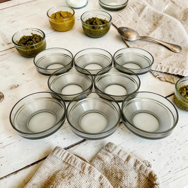 These 1960s Digsmed Denmark smoke glass bowls are commonly found in teak serving tray sets. These bowls typically feature...