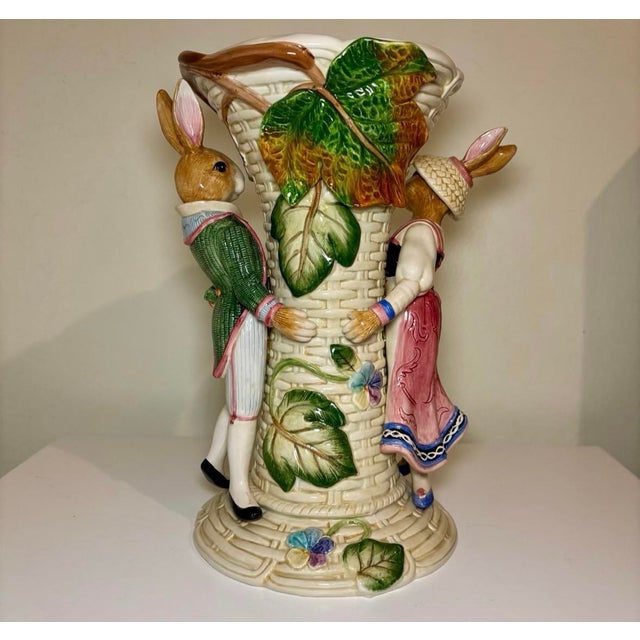 Mint Condition Vintage Fitz & Floyd "Old World Rabbits" 12" Ceramic Centerpiece Vase For Sale - Image 11 of 12