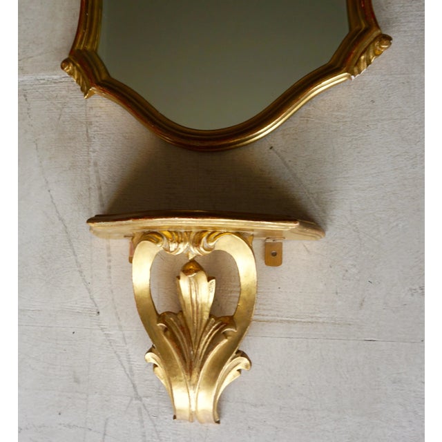 French Vintage Hollywood Regency Gilt Wall Mirror With Matching Console Shelf For Sale - Image 3 of 11
