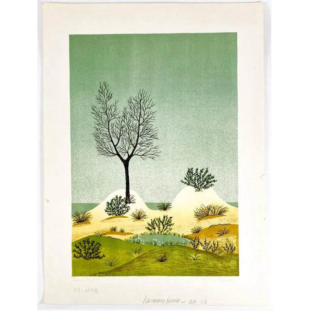 1960s beach scene lithograph. Illegibly signed.