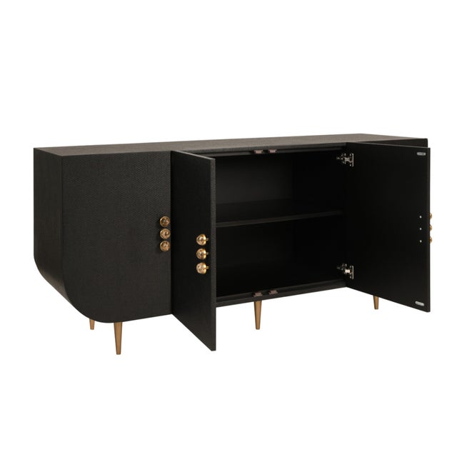 Contemporary Matthew Izzo Home Deluca Black Grasscloth Four Door Buffet With Stone Hardware For Sale - Image 3 of 8
