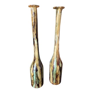Vintage Post-Modern Tall Earth-Toned Art Glass Bud Vases - Pair For Sale