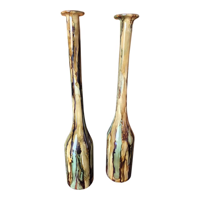 Vintage Post-Modern Tall Earth-Toned Art Glass Bud Vases - Pair For Sale