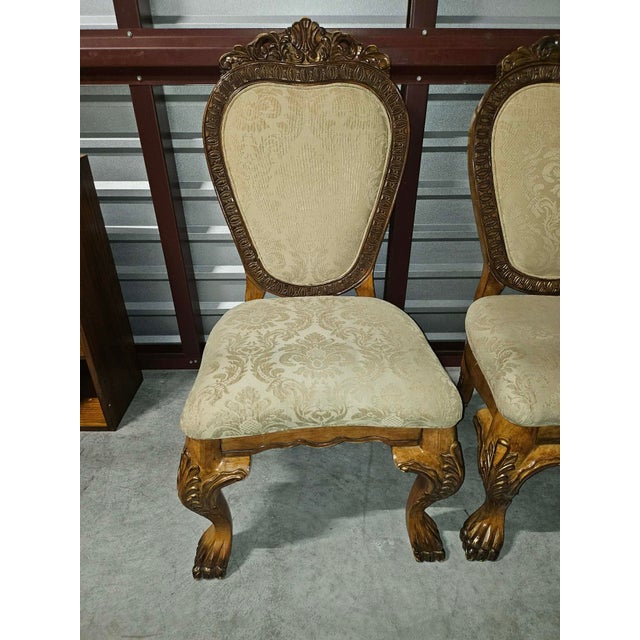 French Provincial Vintage Set of 4 Carved French Louis XV Style Dining Chairs With Claw Feet & Damask Upholstery For Sale - Image 3 of 4