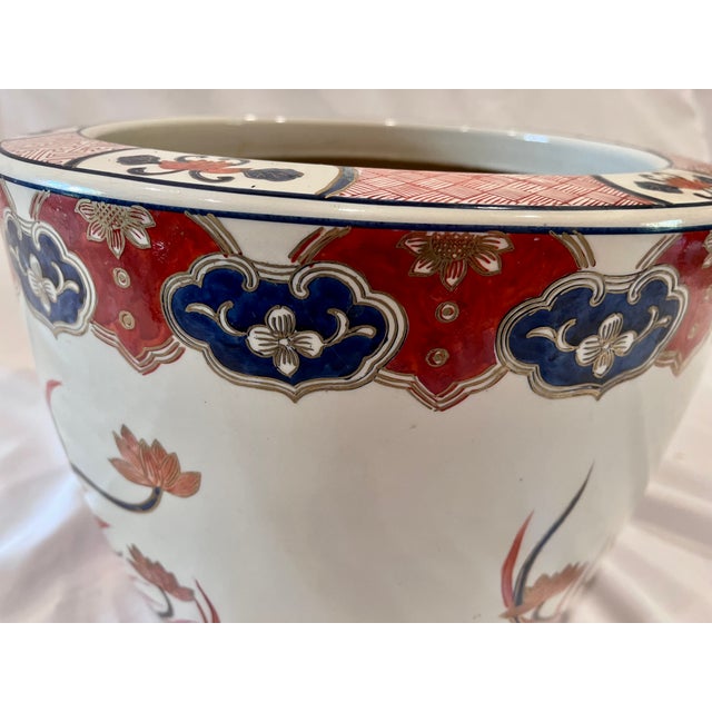 Ceramic Antique 13" Japanese Imari Porcelain Lotus Motif Jardiniere Planter For Sale - Image 7 of 14