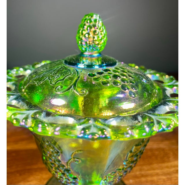 American Colony Harvest Carnival Green Glass Footed Candy Dish & Lid For Sale - Image 3 of 8