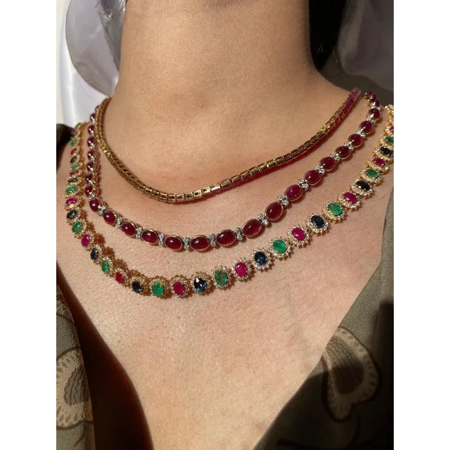 Certified 17 Carat Ruby and Diamond 18k Yellow Gold Tennis Necklace For Sale In New York - Image 6 of 12