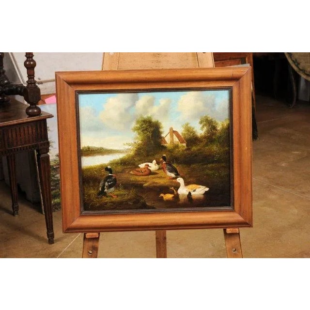 French 1850s French Oil on Panel Baryard Painting with Ducks and Vibrant Colors For Sale - Image 3 of 12