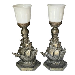 Pair of Antique Art Deco 1921 Cast Nautical Accent Table Lamps W/ Ship & Globe For Sale
