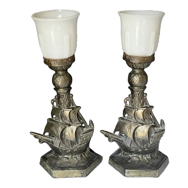 Pair of Antique Art Deco 1921 Cast Nautical Accent Table Lamps W/ Ship & Globe For Sale