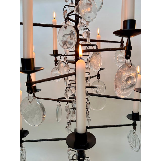 Large Vintage Candle Chandelier in Mouth-Blown Glass and Wrought Iron by Erik Höglund for Boda Smide, 1960s For Sale - Image 9 of 18