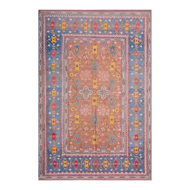 1890s Tan Camel Geometric Antique Indian Agra Rug 5' X 7' 4" Cotton Knotted Carpet For Sale