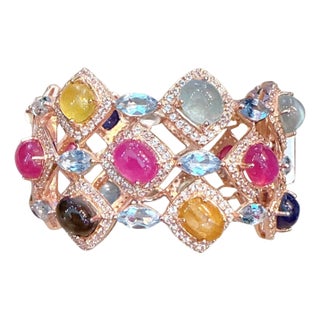 Bochic “Capri” Vintage Ruby & Multi Color Gem & Sapphire Bangle Set 18K Gold & Silver For Sale