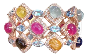 Bochic “Capri” Vintage Ruby & Multi Color Gem & Sapphire Bangle Set 18K Gold & Silver