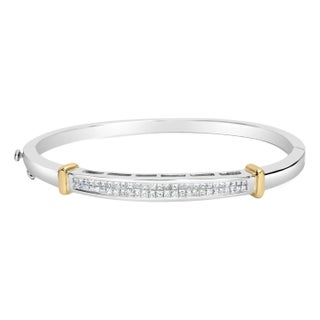 14K Two-Toned Gold Princess Cut Diamond Fashion Bangle (1 cttw, H-I Color, SI1-SI2 Clarity) For Sale