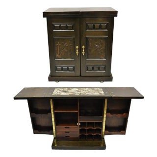 Vintage Korean Carved Wood Marble Top Asian Chinese Liquor Cabinet Dry Bar For Sale