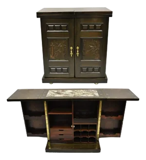 Vintage Korean Carved Wood Marble Top Asian Chinese Liquor Cabinet Dry Bar