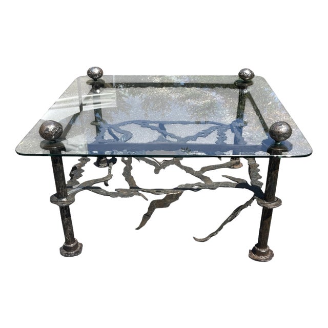 Sculptural Metal and Glass Coffee Table by René Broissand Welded, France, 1998 For Sale