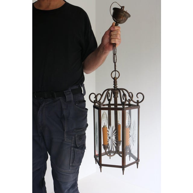 French Neoclassical Brass and Star Etched Glass Hanging Lantern, 1950s For Sale - Image 11 of 13