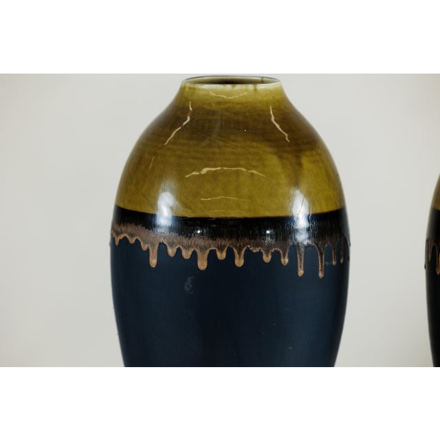 Brown Large Artisan Ceramic Vases with Olive-Taupe and Black Drip Glaze Finish - A Pair For Sale - Image 8 of 18