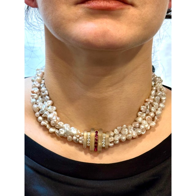 Arts & Crafts Designer Lagos Diamond & Ruby Brooch& Pearls Necklace 14k Yellow Gold, Antique For Sale - Image 3 of 18